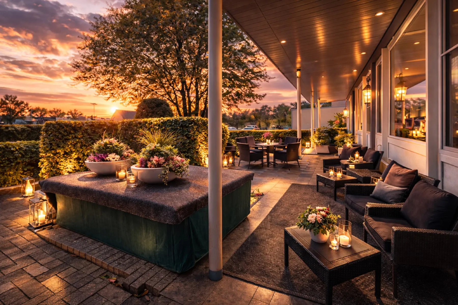 Beleuchtete Terrasse des Arena Hotels am Abend